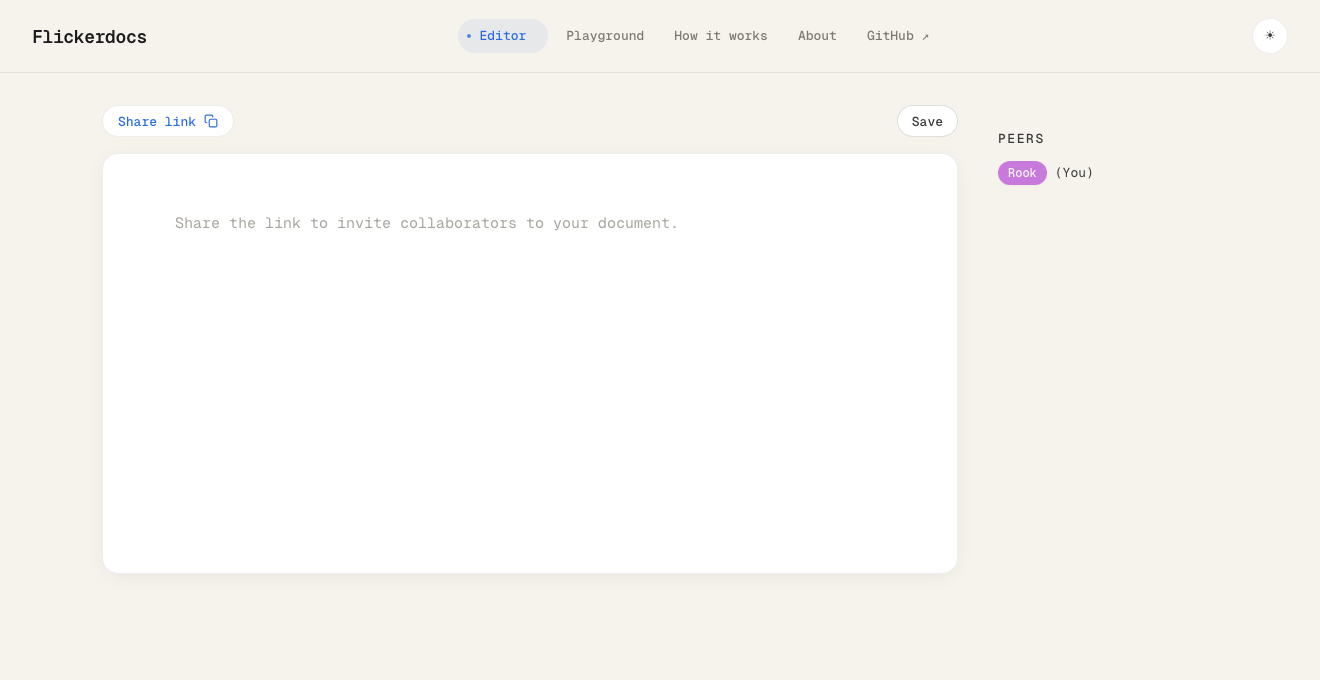 Flickerdocs editor — empty document, share-link button, peer pill labelled "Rook"